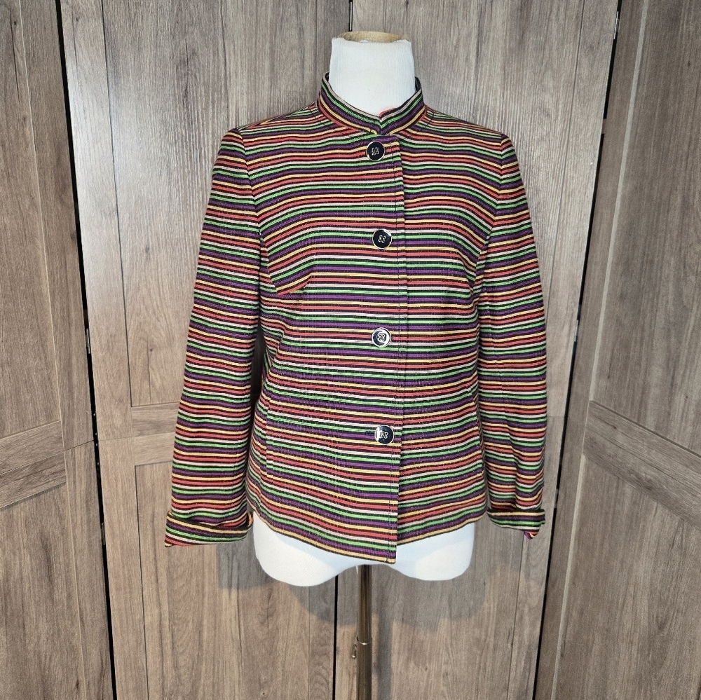 Talbots Womens Rainbow Colorful Striped Mandarin Collar Blazer Jacket